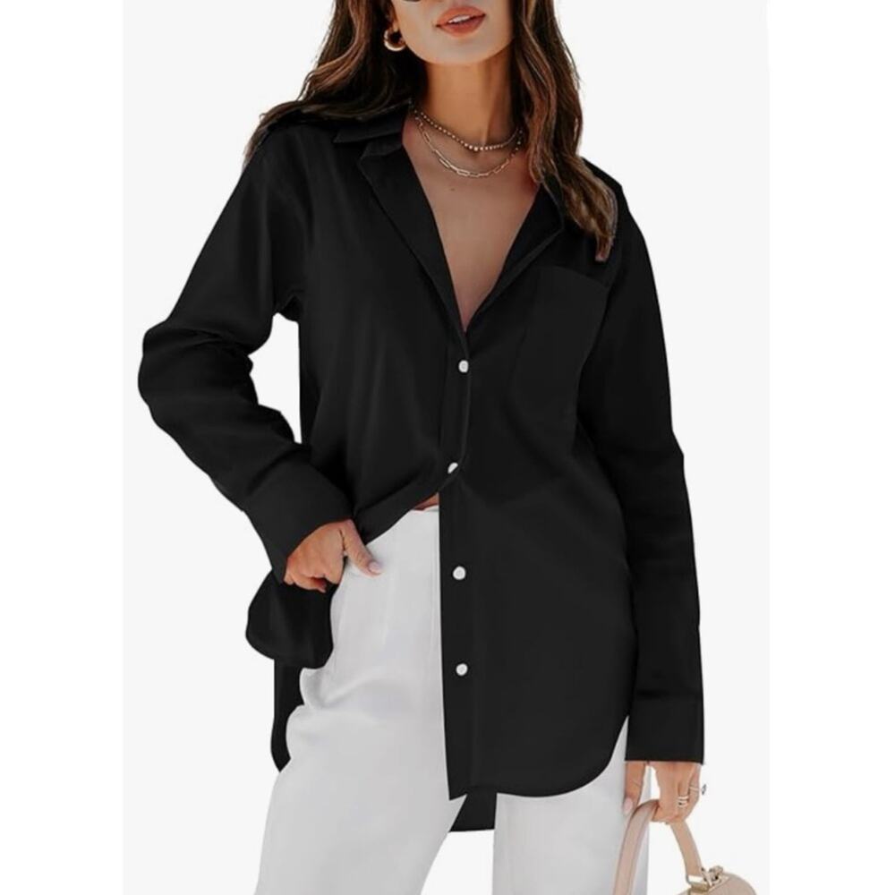 New SILITEELON Button Down Pocket Shirt Black Long Sleeve Women 3XL Loose Fit